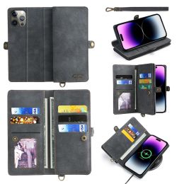 Retro Matte Flip Leather Zipper Wallet Case For iPhone 14 15 Plus 13 Pro Max 12 Wireless Charging Magnetic Kickstand Cards Slot Phone Cover with Lanyard Strap