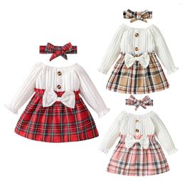 Girl Dresses FOCUSNORM 0-24M Infant Baby Girls Princess Dress With Bow Headband Long Sleeve Round Neck Plaid Print Patchwork A-Line