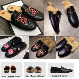 Top 2019 Luxury Desiger Fur Mules Slipper 100% Real Leather Suede Metal Chain Slippers Loafers Shoes Dragon tiger snake Casual shoes SZ 5-12 NO14
