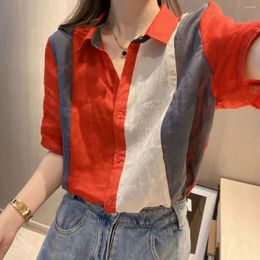 Women's Blouses Fashion Vintage Spliced Contrast Short Sleeve Chiffon Shirts Summer Loose Versatile Youth Korean Clothing Basic Casual