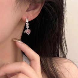Stud Earrings Sweet Gentle Pink Zircon Love Heart For Women Elegant Temperament Charm Accessories Unique Creative Jewelry Gifts