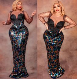 2024 Aso Ebi Mermaid Black Prom Dress Beaded Sheer Neck Sequined Lace Evening Formal Party Second Reception Birthday Engagement Gowns Dresses Robe De Soiree ZJ351