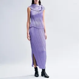 Skirts Miyake Pleated High Waisted Straight Skirt Women 2024 Spring Korean Fashion Slit Zipper Solid Colour
