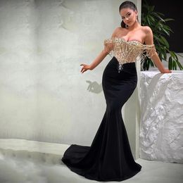 Sexy Black Beading Evening Dresses Off the Shoulder Crystal Formal Gown Beading Vestidos De Novia Sweep Train