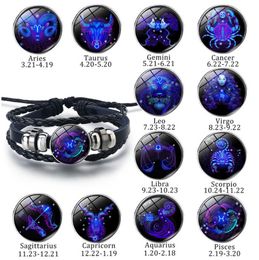 12 Zodiac Constellation Luminous Charm Bracelet for Men Women Leather Braided Rope Bracelet Bangle Wristband Adjustable Horoscope Hand Chain Wholesale Price