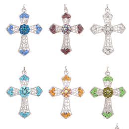 Pendant Necklaces Pretty Cross Pendant Beautifly Necklace For Women Sweater Chain Sier Color Rhinestone Crystal Drop Delivery Jewelry Dhtpe