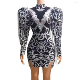 Stage Wear Sexy Silver Rhinestone Chains Big Sleeves Dress Rhinestones Outfit Prom Show Costume Female Birthday Celebrate Poshoot