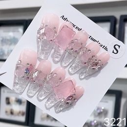 False Nails Pink Handmade Fake Korean Luxury Charm Bow Design Reusable Adhesive Full Cover Long Coffin Acrylic Nail Tips 231204