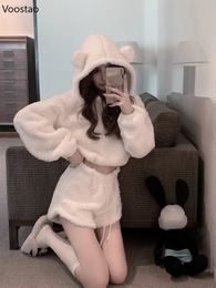 Womens Two Piece Pants Kawaii Lolita Cute 2 Sets Autumn Winter Women Sweet Chic Bear Ear Hooded Coat High Waist Shorts Girls Harajuku Hoodie Suit 231204