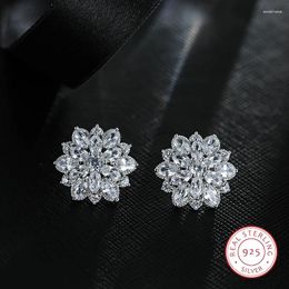 Stud Earrings Female 925 Silver Simple Zircon Snowflake Shimmering Luxury Flower Wedding Party Bridal Gift