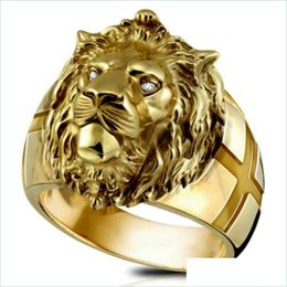Band Rings Golden Lion Head Ring Stainless Steel Cool Boy Party Domineering Mens Unisex Jewelry Drop Delivery Dhppx