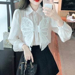 Women's Blouses Elegant Sweet Lace Bowknot Blouse Blusas Mujer De Moda 2023 Autumn Fashion Long Sleeve White Loose Shirt Female