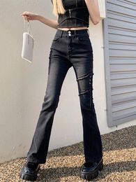 Women's Jeans American Black Lace Up Cut Out Women Spring Autumn Street Style Casual Fashion Split Fork Slimming Denim Trousers Female