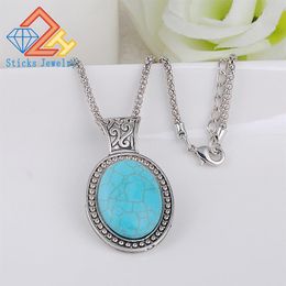 Fashion Natural Stone Turquoise Oval Shape Pendant Necklaces Blue Stone Agate Crystal Gem Stones Necklace Whole retailing 1pcs231e