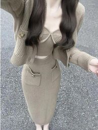 Work Dresses Elegant Knitted 3 Piece Set Woman Fashion Suit Casual Sweater Cardigan Sexy Vest Slim Bodycon Midi Skirt Office Lady 2023