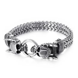 XMAS Gifts Crystals 316L Stainless steel casting Figaro lINK Chain bracelet double Skull End bangle bracelet mens boy Jewellery silv3007
