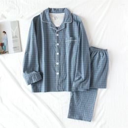 Men's Sleepwear Plaid Long Sleeved Tops Trousers Spring Autumn Lapel Pure Cotton Pajama Set Men Nightwear Casual Home Suit