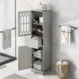 Bathroom Sinks Tall Cabinet Freestanding Storage with Drawer and Doors MDF Board Acrylic Door Adjustable Shelf Grey 231204