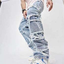 Men's Jeans Ripped American Vintage Casual Men Wear High Street Trendy Loose Long Leg Pants Solid Straight Denim Trousers