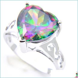 Solitaire Ring Luckyshine Women Wedding Rings Love Heart Fire Mti-Color Rainbow Natural Mystic Topaz Sier Cubic Zirconia Jewellery Drop Dhmfz