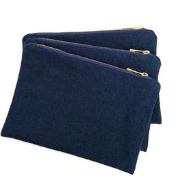 14oz thick denim makeup bag with gold metal zip and true red lining navy blank denim cosmetic bag ship by DHL directly from f2386