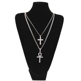 Egyptian Ankh With Cross Pendant Necklace Set Rhinestone Crystal Key To Life Egypt Cross Necklaces Hip Hop Jewellery Set202d