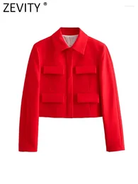 Women's Suits ZEVITY 2023 Women Fashion Flap Pockets Patch Red Colour Short Blazer Coat Female Chic Casual Crop OL Veste Tops CT5421