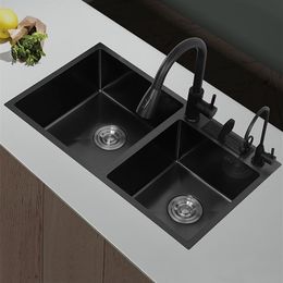 304 Stainless Steel Double Bowls Kitchen Sink With Knife-Holder Drop-in Or Undermount Dark Grey Basin With Drainage Accessories275y