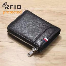 RFID Protected Genuine leather mens zipper designer wallets male fashion cow leather Coin zero card purses black coffee color no11291b