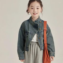 Jackets Girl Coat Cardigan Korean Stand-up Collar Denim 2023 Autumn Girls Solid Short Irregular Buckle Top