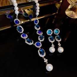 Chains Luxury Blue Zirconia Oval Rhinestone Necklace Women Party Wedding Accessories Pearl Crystal Elegant Collares Necklaces Gifts