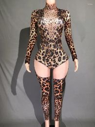 Stage Wear Sexy Leopard Print Rhinestones Jumpsuit Women Performance Costume Party Nightclub Outfit Dancer Show