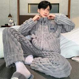 Men's Sleepwear Coral Fleece Men Winter Warm Pyjamas Sets Stand Collar Fluffy Coat Long Pants For Sleeping 2 Pieces Loungwear