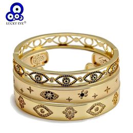 Lucky Eye Micro Pave Zircon Fatima Hand Turkish Evil Bangle Gold Colour Copper Open for Women Girls Jewellery BE220 210918258B