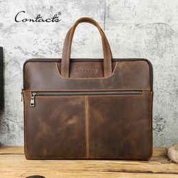 Briefcases CONTACT'S Men Crazy Horse Leather Handbag Casual Laptop Bag for 16" Business Travel Male Tote Bags Brand Design Man Briefcase 231205