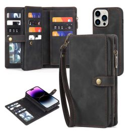 Detachable Magnetic Leather Phone Case For iPhone 12 13 11 14 15 Pro Max Plus X XS Premium Wrist Strap Zipper Wallet Multi Cards Holder Pocket Cover Shell