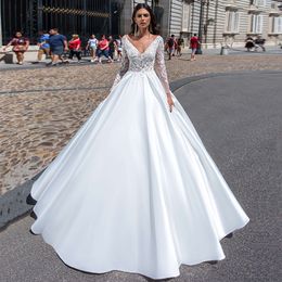 Satin Long Sleeve Wedding Dresses For Women 2023 Bride Deep V-Neck Stylish Detachable Lace Simple Applique Backless A-Line