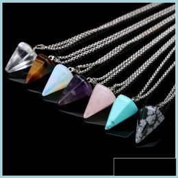 Pendant Necklaces Wholesale Natural Stone Crystal Pendant Male Necklace Designs Hexagonal Pointed Cone Reiki Chakra Jewelry For Women Dhhw1