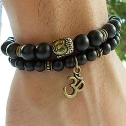 SN0139 Set of 2 Buddha bracelets Yoga and Meditation bracelet Men Matte Agate bracelets Black Onyx Bracelet2649