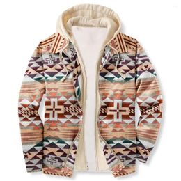 Men's Jackets Autumn Winter Coat Men Casual Vintage Print Hooded Sweater National Style Jacket Zip Pocket Lamb Fleece Collar