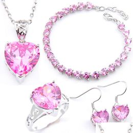 Wedding Jewellery Sets Luckyshine 925 Sliver Pink Heart Crystal Zircon Jewellery Sets Earring Pendants Rings Bracelet For Women Fashion Br Dh73D