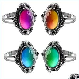 Solitaire Ring Color Change Mood Oval Emotion Feeling Changeable Temperature Control Thermochromic Gemstone Drop Delivery Jewelry Dh0M5