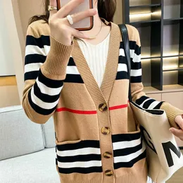 Women's Fashion Designer V-Neck Cardigan Coat Women's Sweater Women's Jacket Cashmere Cardigan Mid-Length Knitted V-Neck Loose Striped Sweater Thin Women's Windbreaker