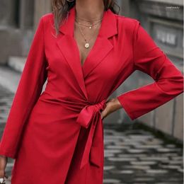 Women's Suits Autumn Winter Fashion Solid Colour Polo Button Lace Up Versatile Luxery Long Sleeve Slim Fit Mid Length Suit Coat