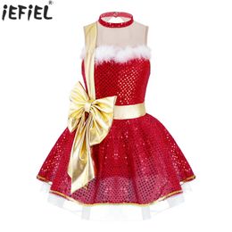 Girl's Dresses Kids Girls Sequins Sleeveless Keyhole Back Dance Figure Skating Tutu Dress Leotard Christmas Santa Claus Performance Costume 231204