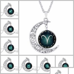 Pendant Necklaces Charms Black Friday Jewelry Sier Chain Necklace With Hollow Out Glass Cabochon Star Pattern Moon Drop Delivery Pend Dhgun