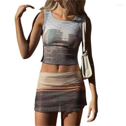 Work Dresses Xingqing Y2k Outfit Set Fairy Grunge Clothes Women Graphic Print Sleeveless Crop Top And Mini Skirt Two Piece Streetwear