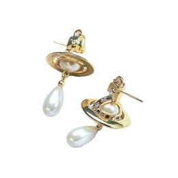 Design Planet Pendant Saturn Pearl Stud Light Style Women's Earrings Love with Original Jewel Box