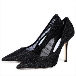 Famous Women Sandals Pumps Perfect Love 100 Tulle With Glitter Italy Classic Pointed Toes Black White Mesh Shallow Mouth Designer Banquet Sandal High Heel Box EU 35-43