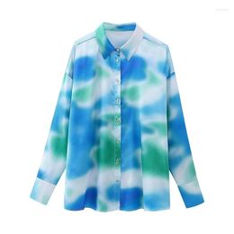 Women's Blouses 2023 Summer Clothing Lapel Long-sleeved Fashion Side Slit Tie-dye Printed Shirt All-match Loose Casual Tops